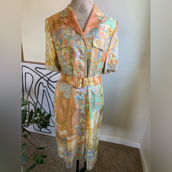 Vtg Louis Feraud 100% Silk Midi Dress Abstract Wearable Artsy sz 10 Belted Boho - Picture 16 of 16